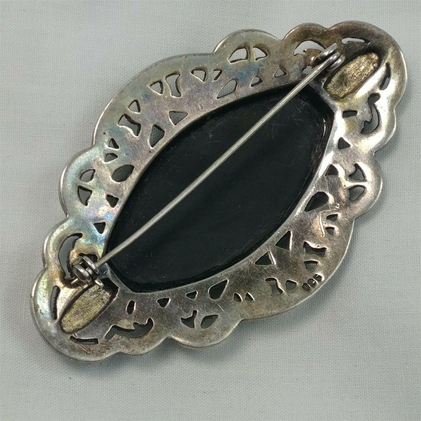 925 Sterling Silver Obsidian Marcasite Victorian Style Brooch Pin Flowers Rubies