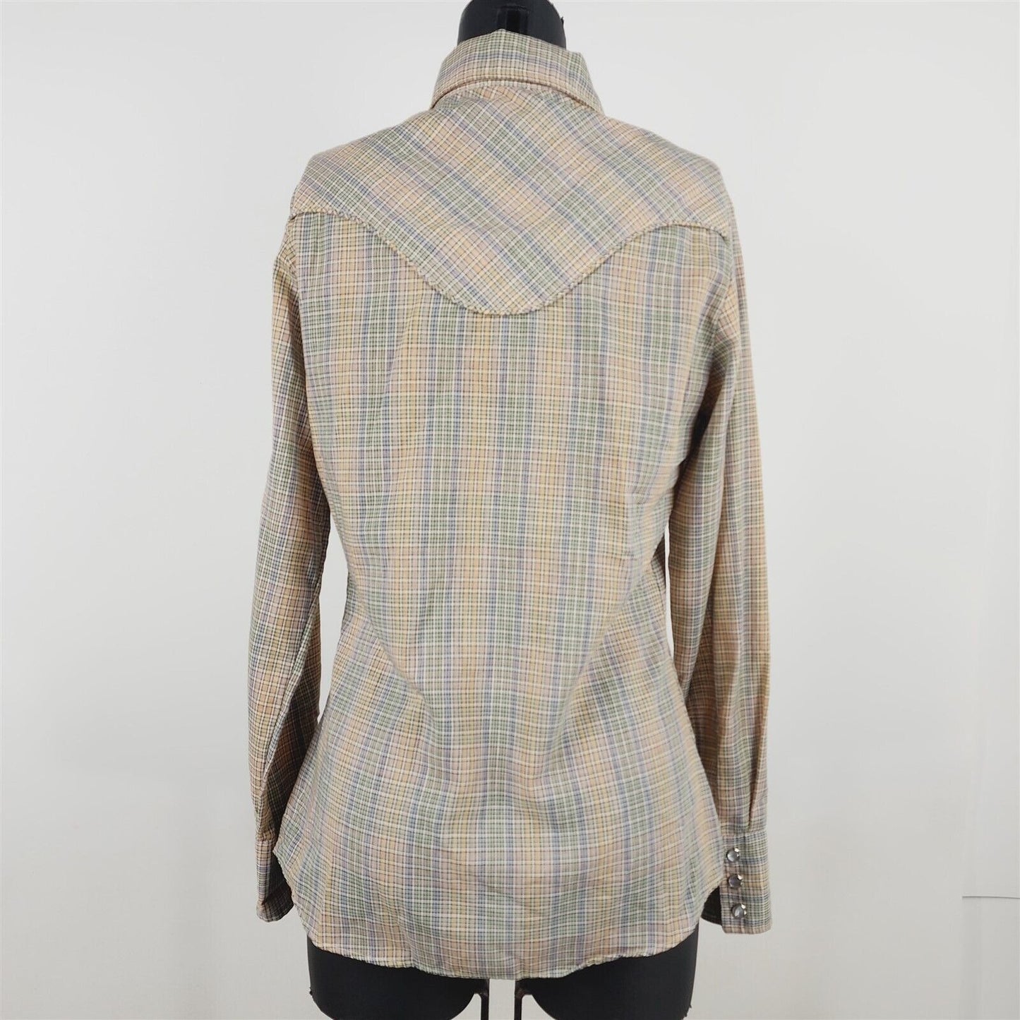 Vintage Wrangler Pastel Plaid Western Shirt Pearl Snaps Womens Size 34