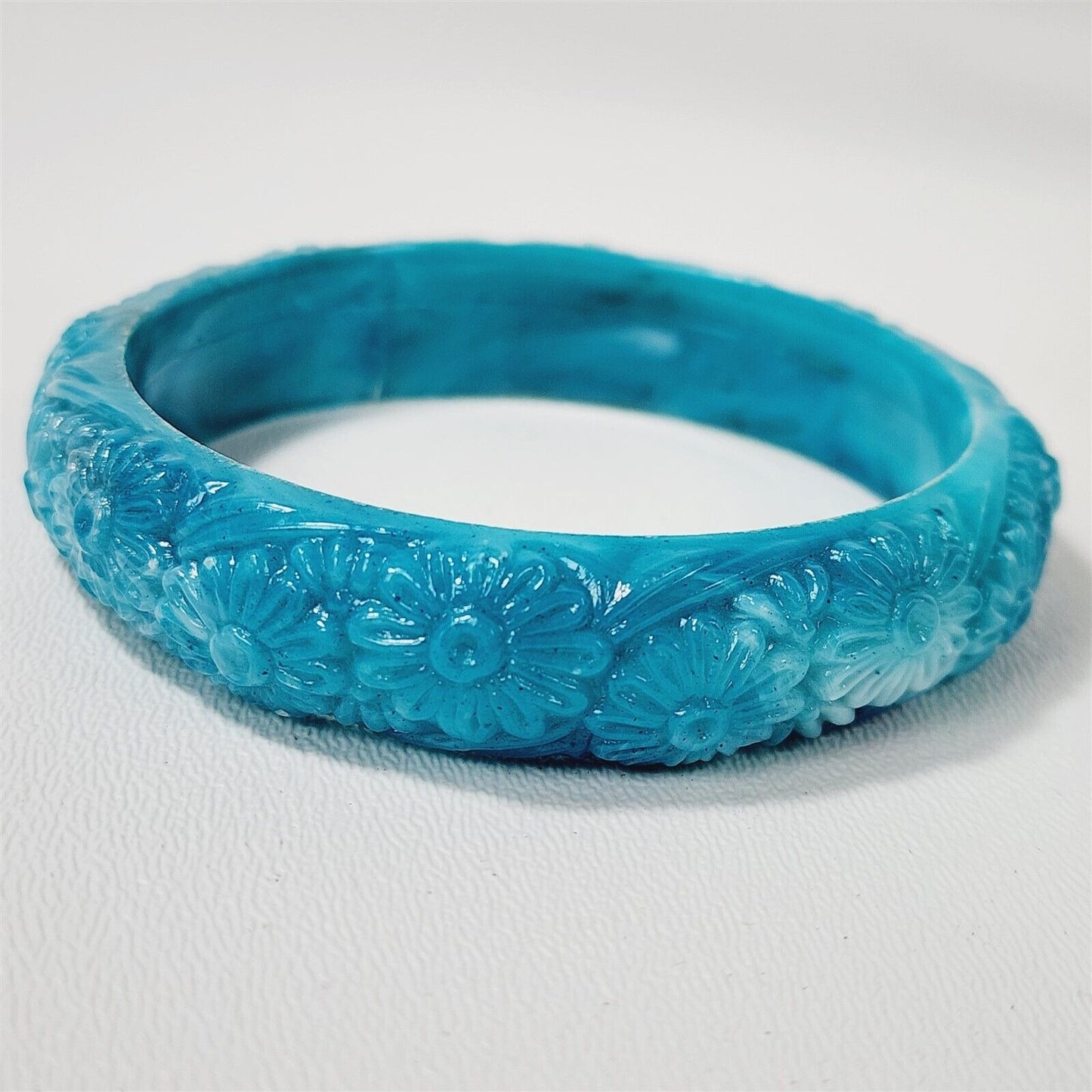 Vintage 1970s Blue Floral Molded Plastic End of Day Swirl Bangle Bracelet