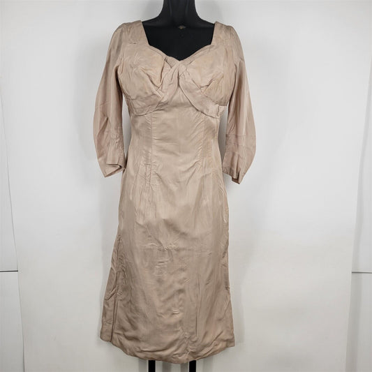 Vintage Beige Taupe 3/4 Sleeve Taffeta Dress w/ Bustle Womens Size S/M