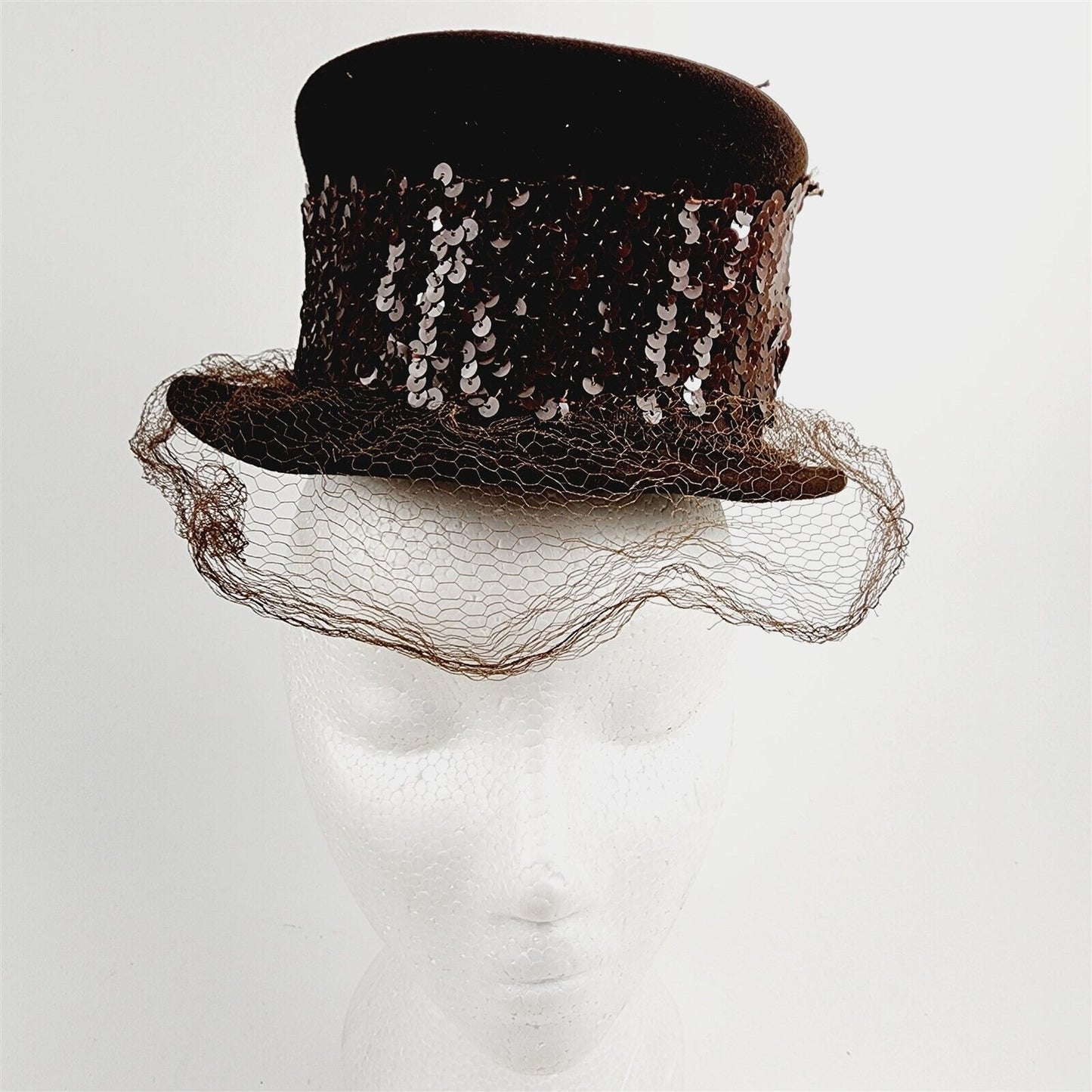 Vintage Olivier Womens Brown Wool Sequins Net Bow Hat w/ Bon Marche Box