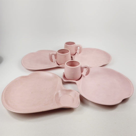 7 Pc Vintage Ceramic MCM Snack Set Speckled Pastel Pink 3 Cups 4 Trays