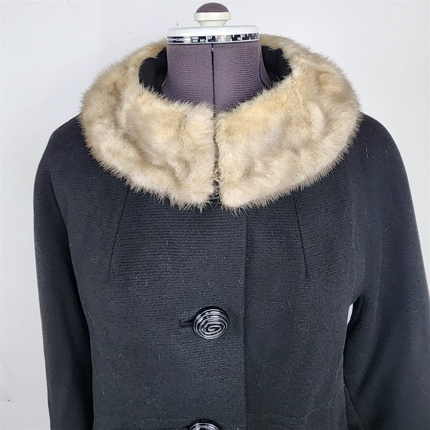 Vintage Black Wool Long Union Made Coat with Real Fur Collar Trim