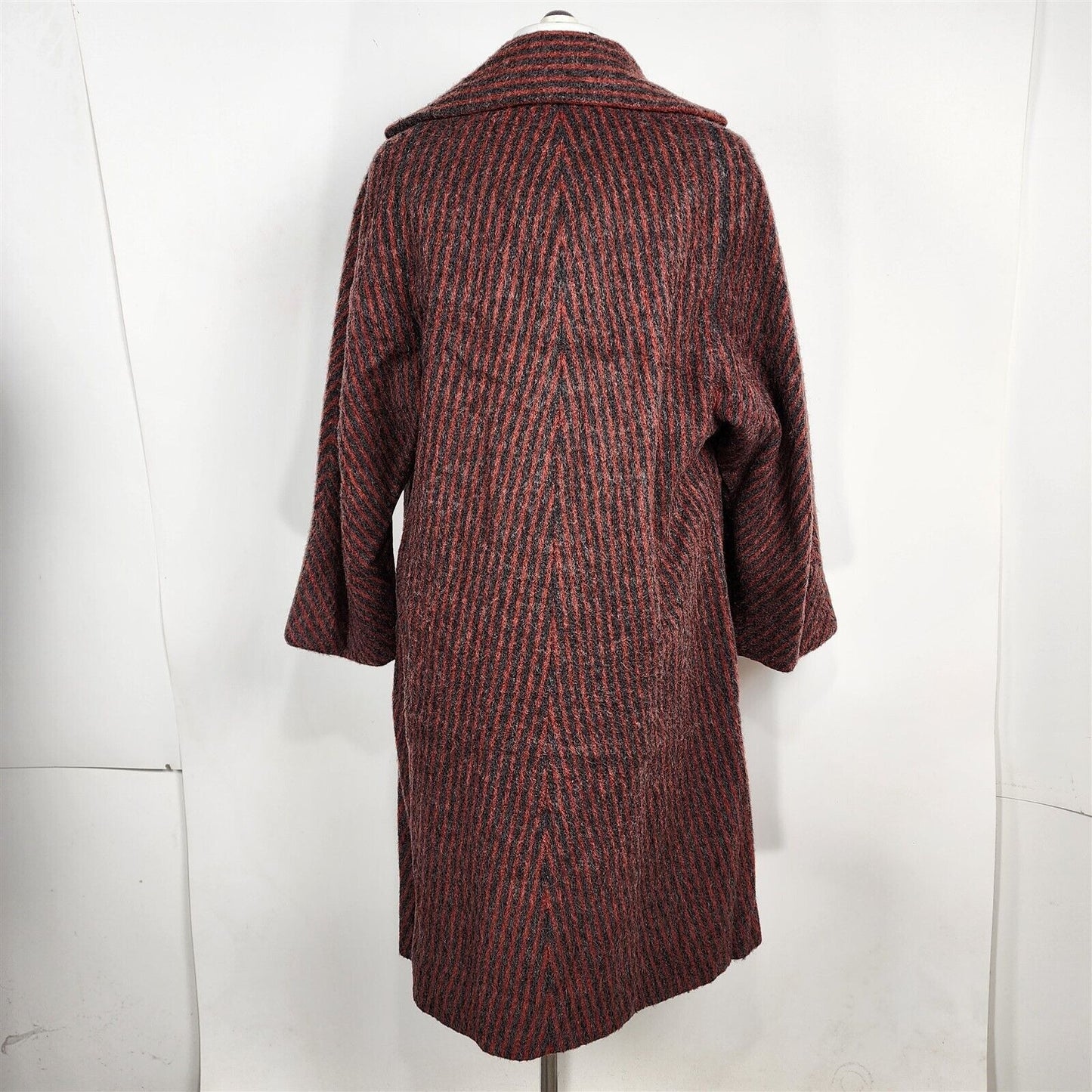 Vintage 1960s Red & Gray Striped Wool Coat Double Breasted Size Womens L