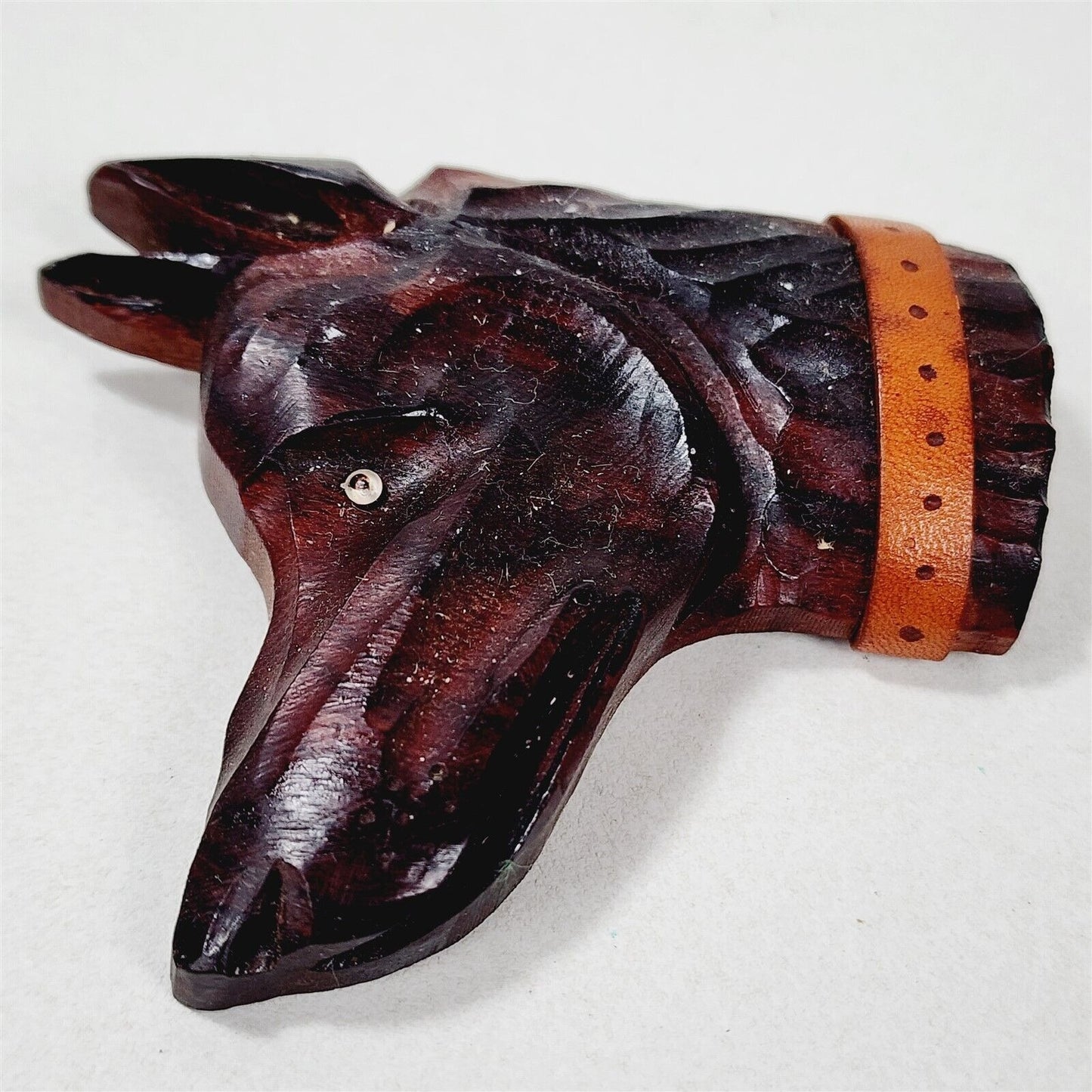 Vintage Carved Wood Dog Head Brooch Leather Collar - 3"