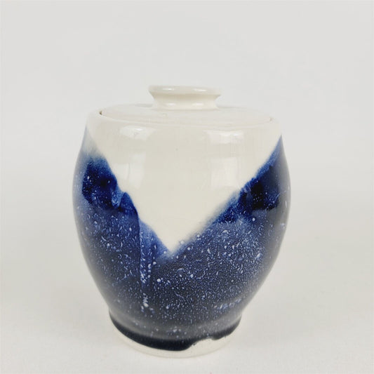 Vintage Handmade Studio Pottery Bowl Jar With Lid Stoneware Signed White & Blue