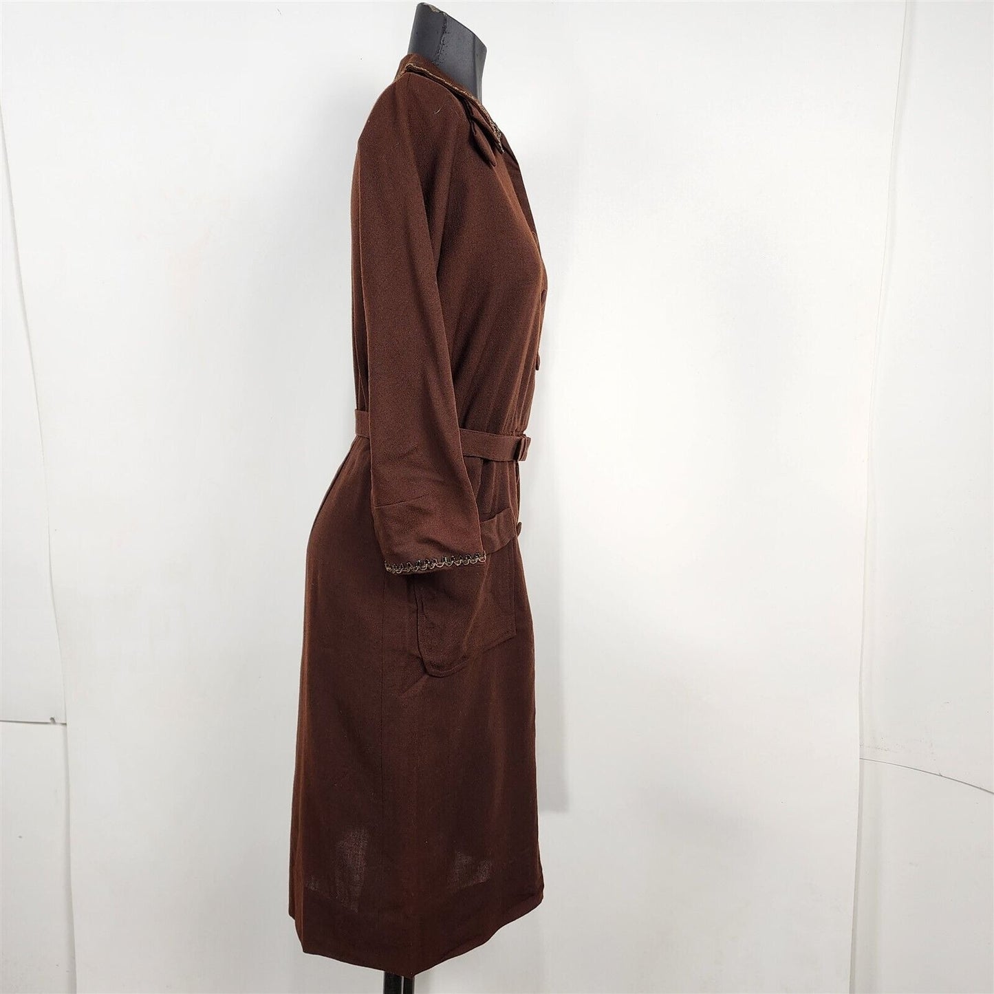 Vintage 1950s Lipman Wolfe Co. Brown 3/4 Sleeve Dress with Beaded Trim