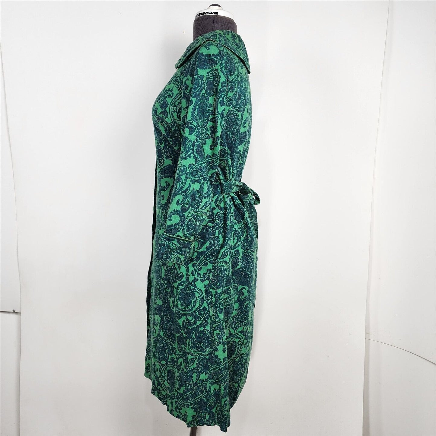 Vintage 1950s Dorian Viyella Wool Blend Green & Blue Paisley Floral Dress Robe