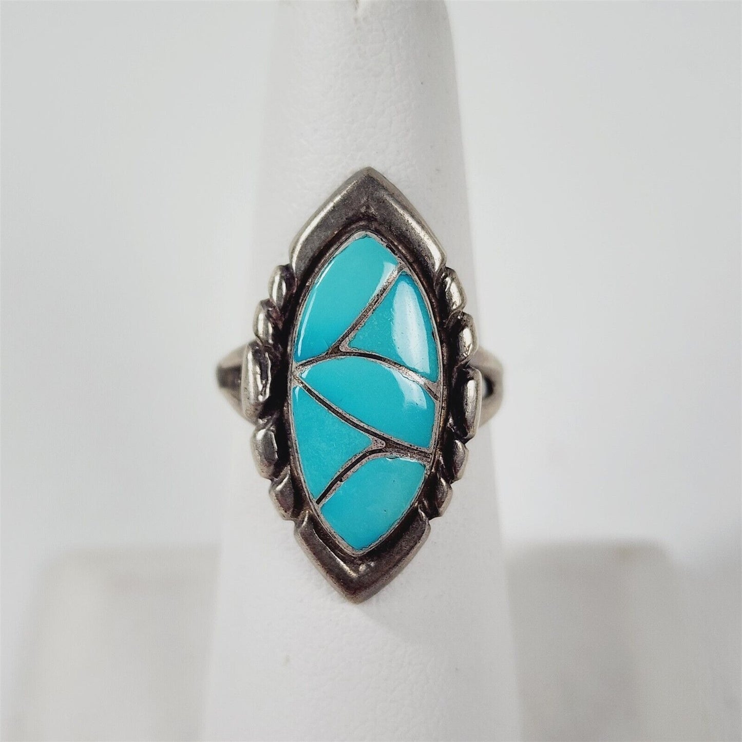 Vintage 925 Sterling Silver Turquoise Inlay Southwest Old Pawn Ring Size 7.5