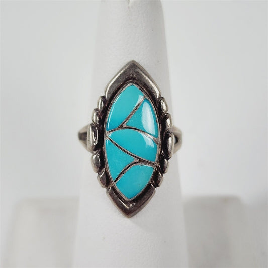 Vintage 925 Sterling Silver Turquoise Inlay Southwest Old Pawn Ring Size 7.5