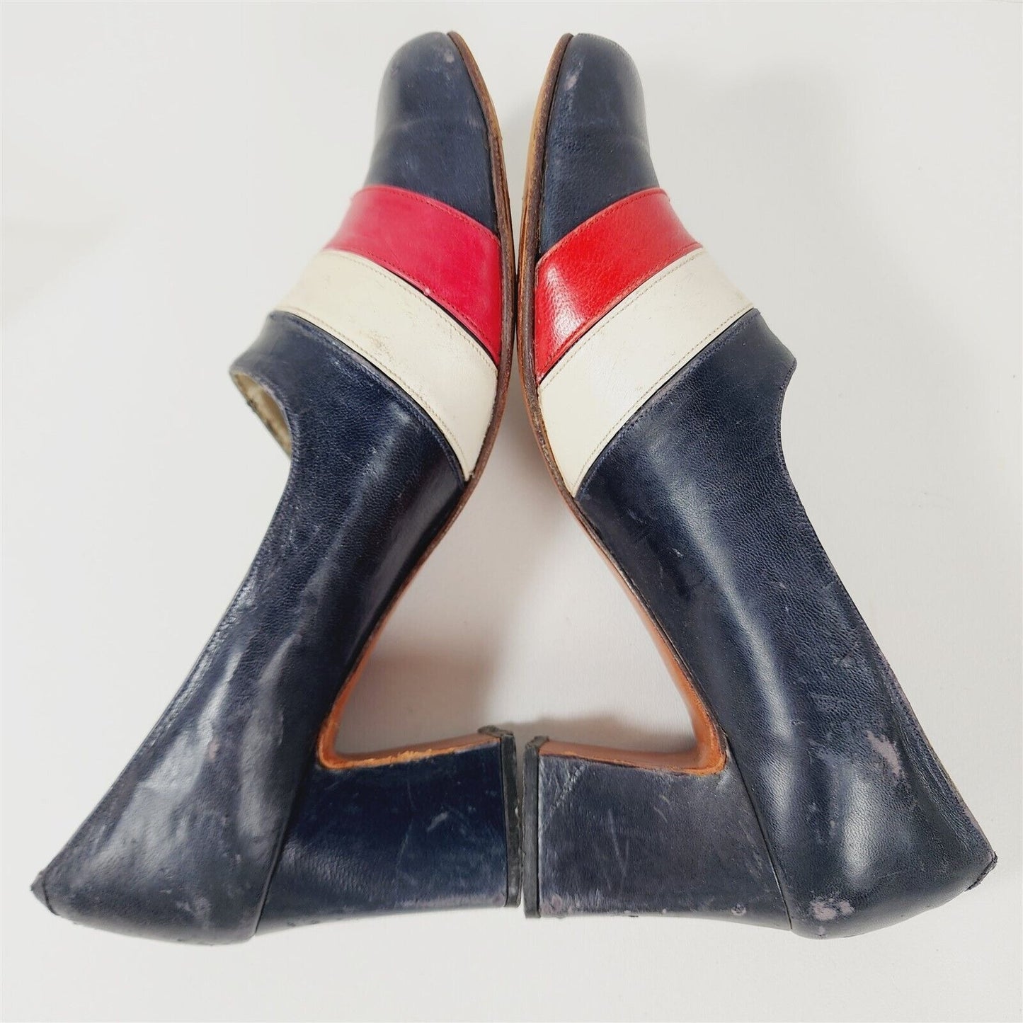 Vintage Made in Spain Red White & Blue Leather Heels Square Toe Shoes Size 6 AA