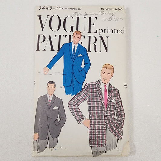 Vintage Vogue #9445 Sewing Pattern Mens Sport Jacket Blazer 40" Chest