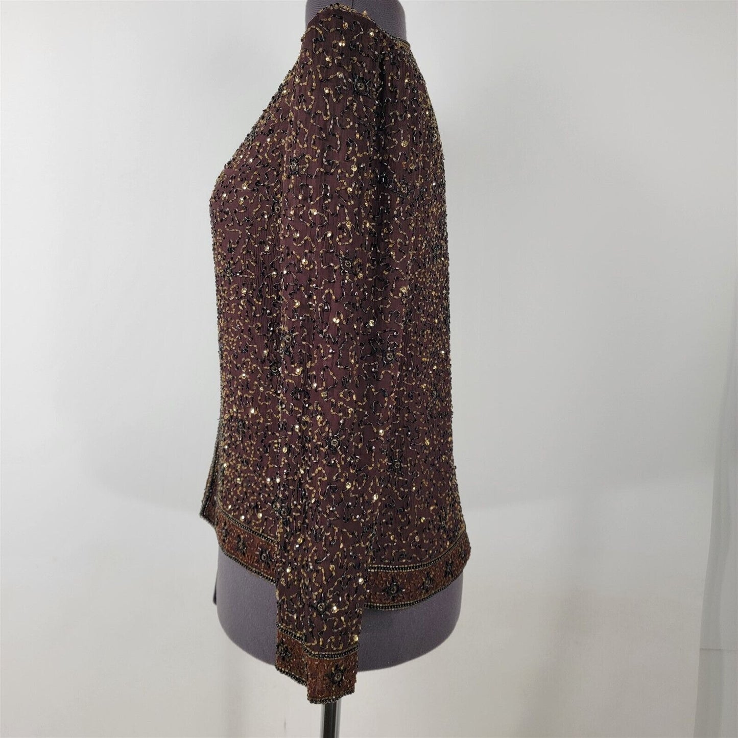 Vintage Stenay Brown Silk Full Beaded Formal Evening Jacket Womens S