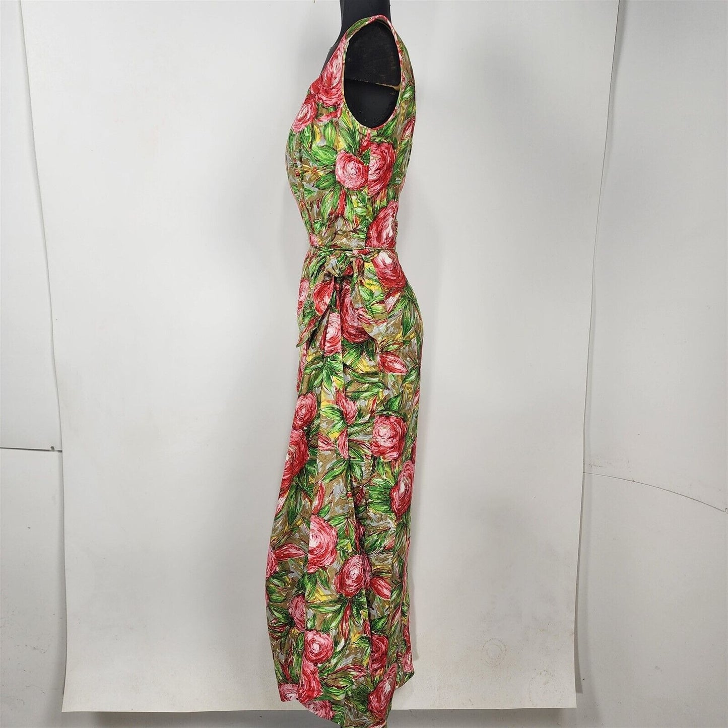 Vintage 1970s Tori Richard Honolulu Green & Pink Floral Hawaiian Maxi Wrap Dress