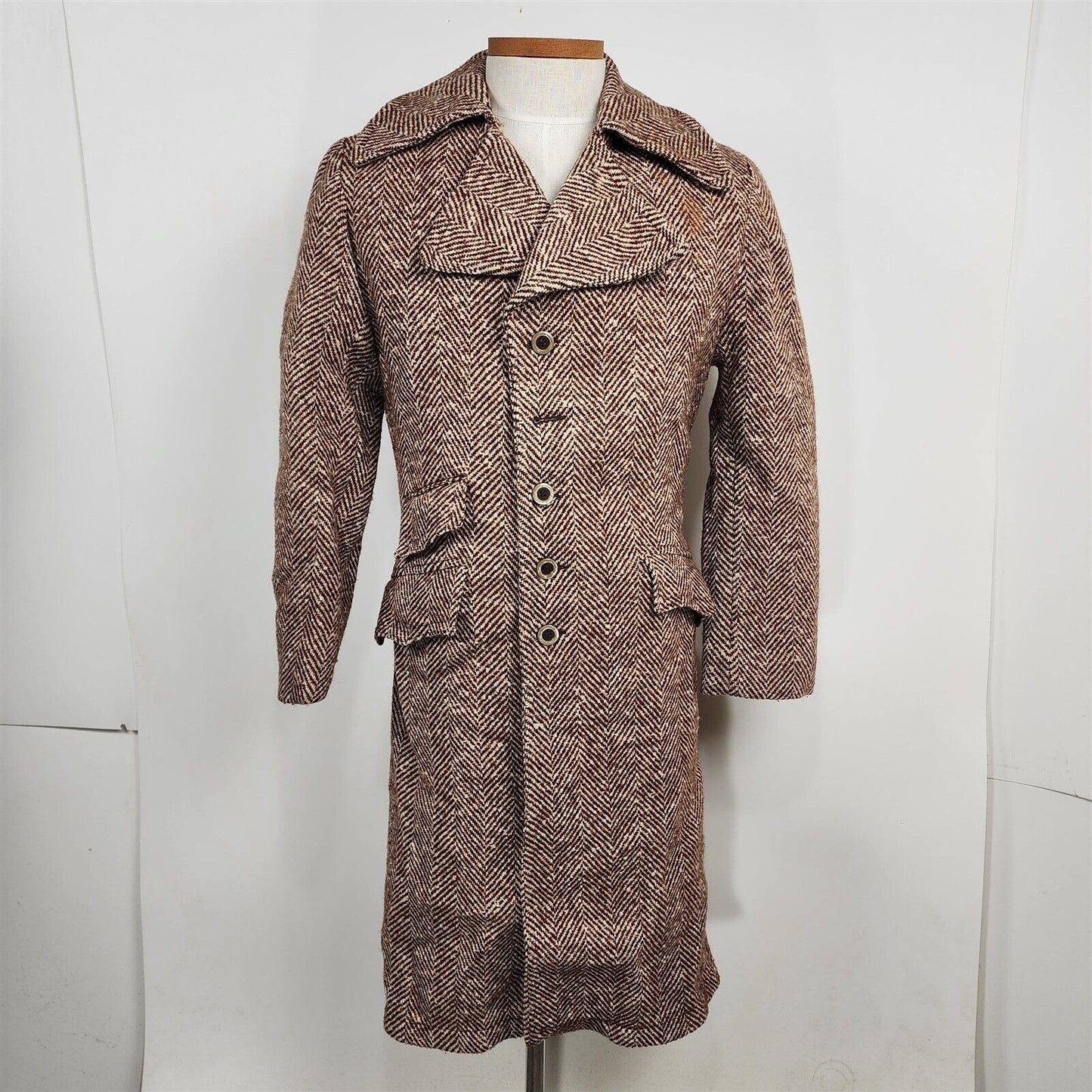 Vintage Laurence Sportswear Tweed Overcoat Brown Herringbone Faux Fur Lined Coat