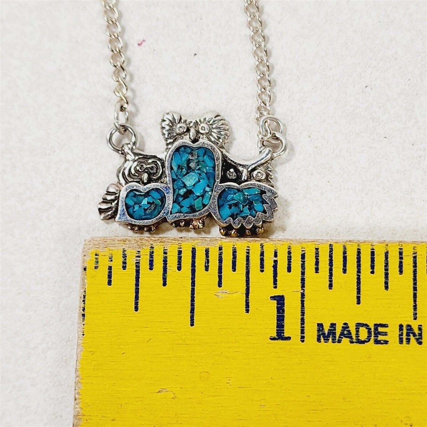 Vintage Owl Trio Crushed Turquoise Sterling Silver Necklace 16"