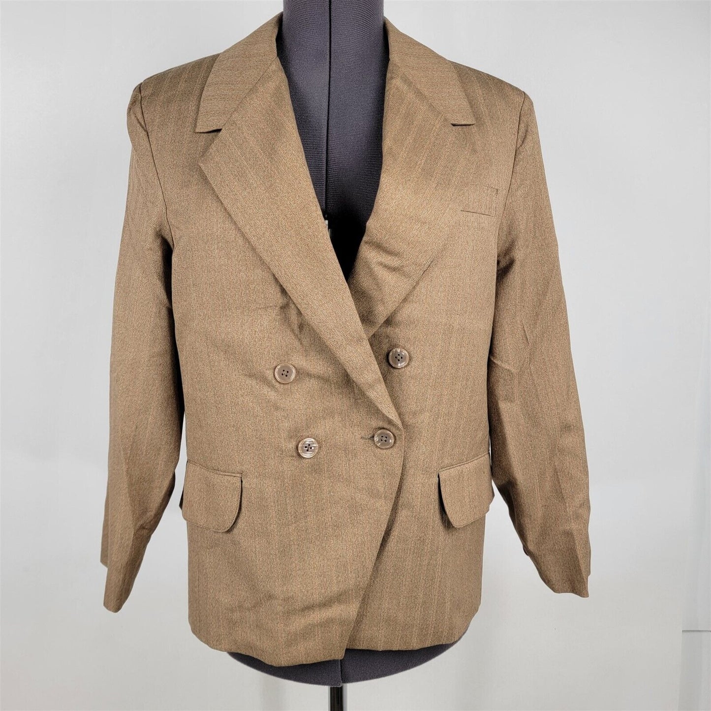 Vintage 2 Piece Skirt Double Breasted Jacket Blazer Set Tan Brown Womens