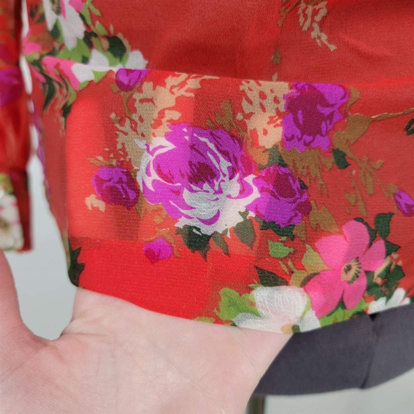 Vintage 1970s Montgomery Ward Nylon Red Sheer Floral Print Blouse Womens 36