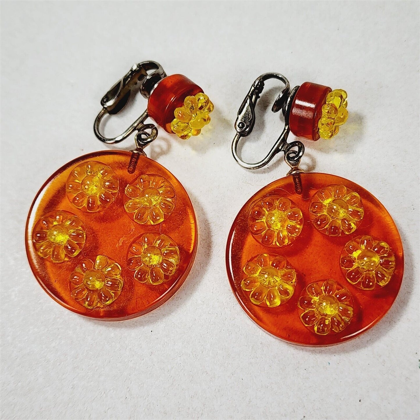 Vintage Orange & Yellow Flower Power Dangle Lucite Clip On Earrings