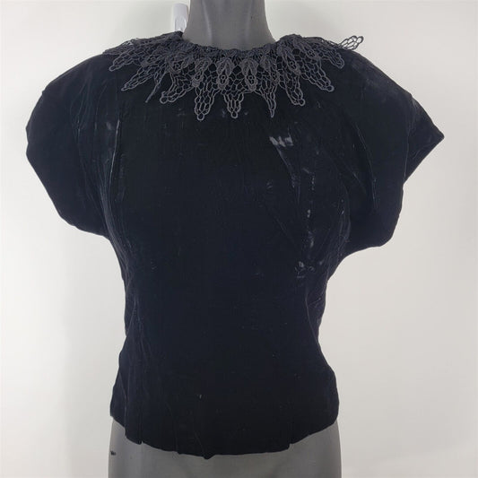 Vintage Lloyd Williams Black Velvet Short Sleeve Blouse w/ Lace Collar Womens 6