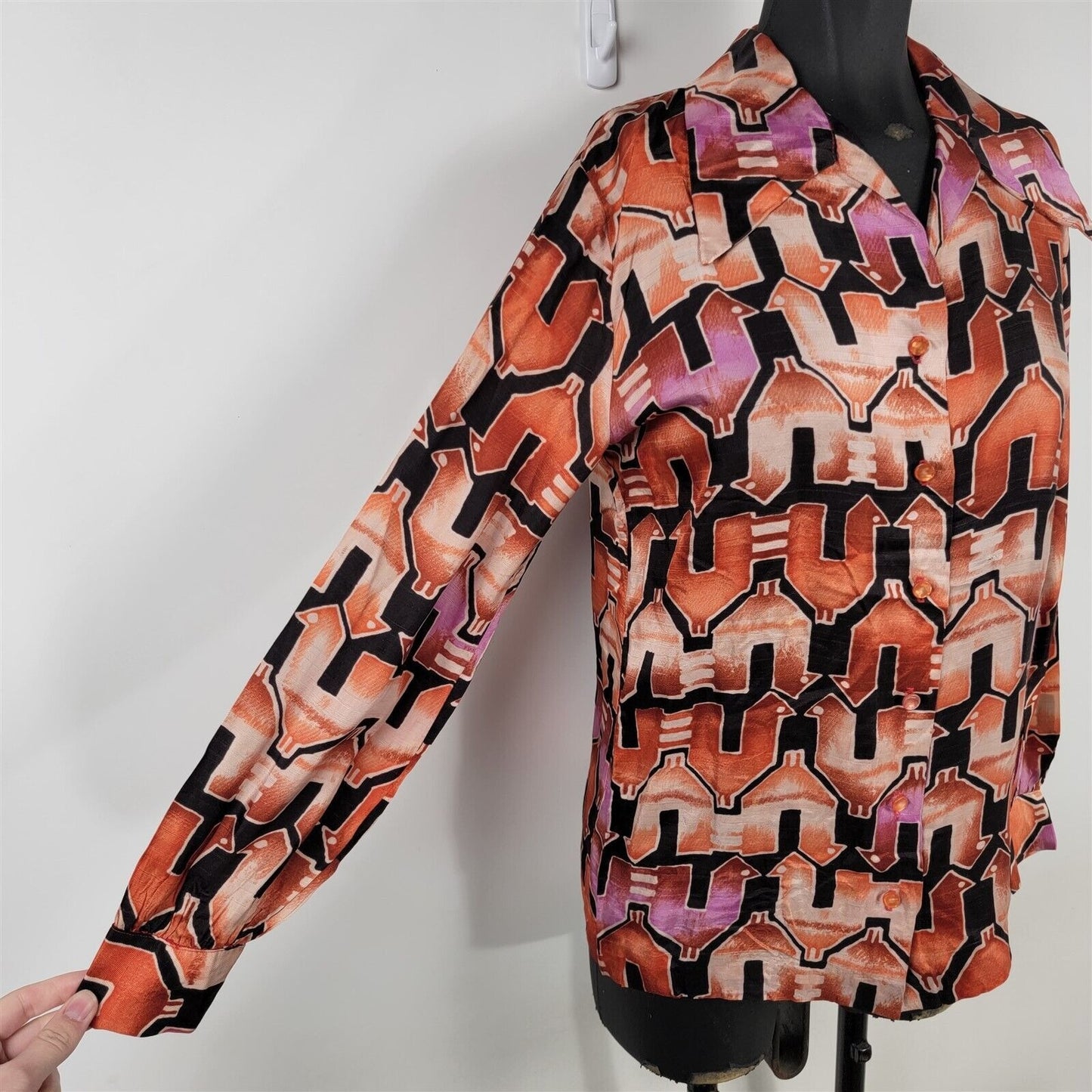 Vintage 1970s Division II Orange Pink Long Sleeve Silk Disco Blouse Womens 10