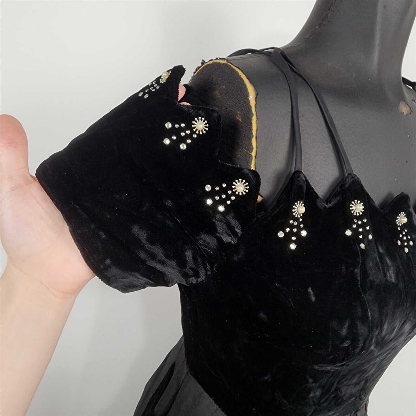 Vintage Black Velvet & Rhinestone Off the Shoulder Evening Party Dress