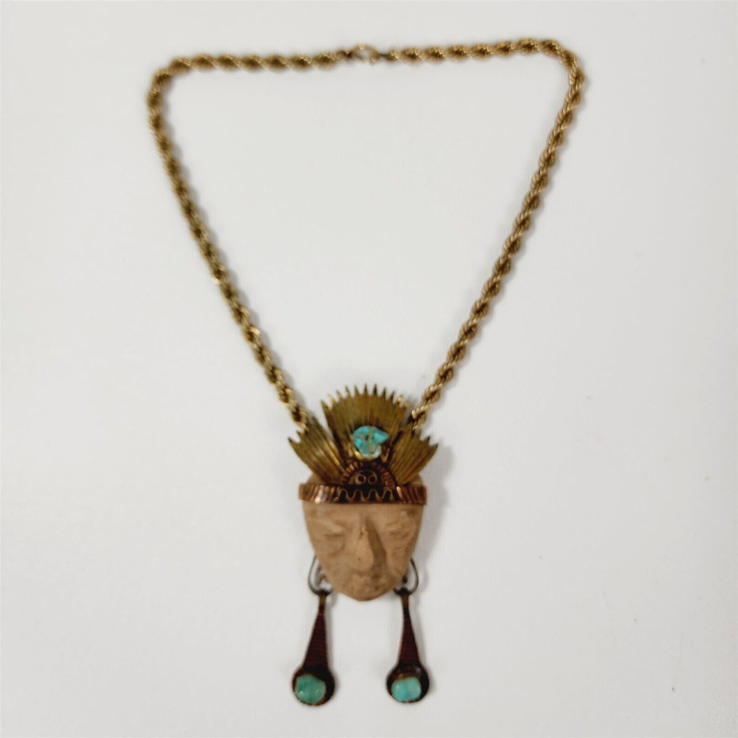 Vintage Aztec Warrior Face Brooch Pendant Ethnic Tribal Necklace