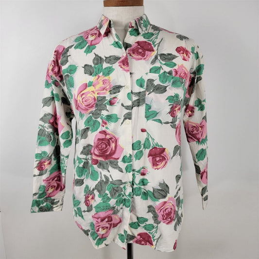 Vintage Hunters Run Long Sleeve Floral Cotton Blouse Womens Size L