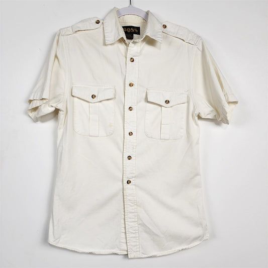 Vintage Boss Short Sleeve Cream Off White Button Up Shirt Mens S