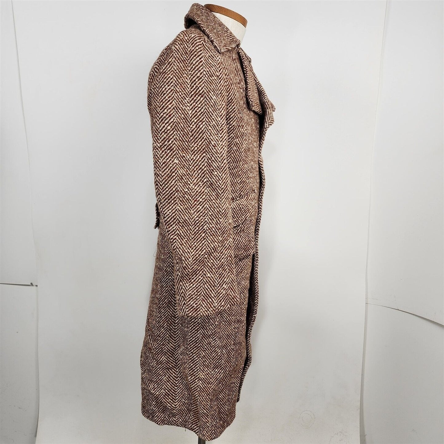 Vintage Laurence Sportswear Tweed Overcoat Brown Herringbone Faux Fur Lined Coat