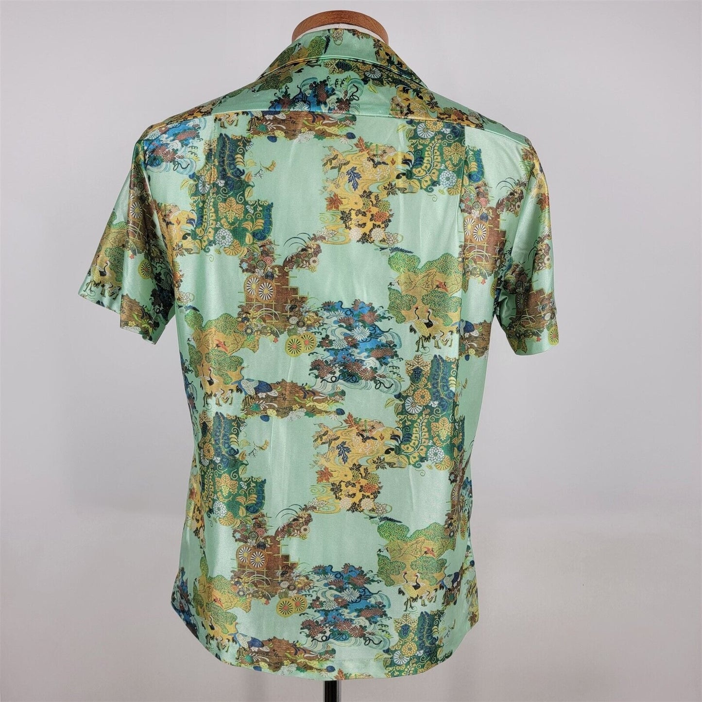 Vintage Asian Patterned Short Sleeve Floral Hawaiian Aqua Shirt Made in Hawaii