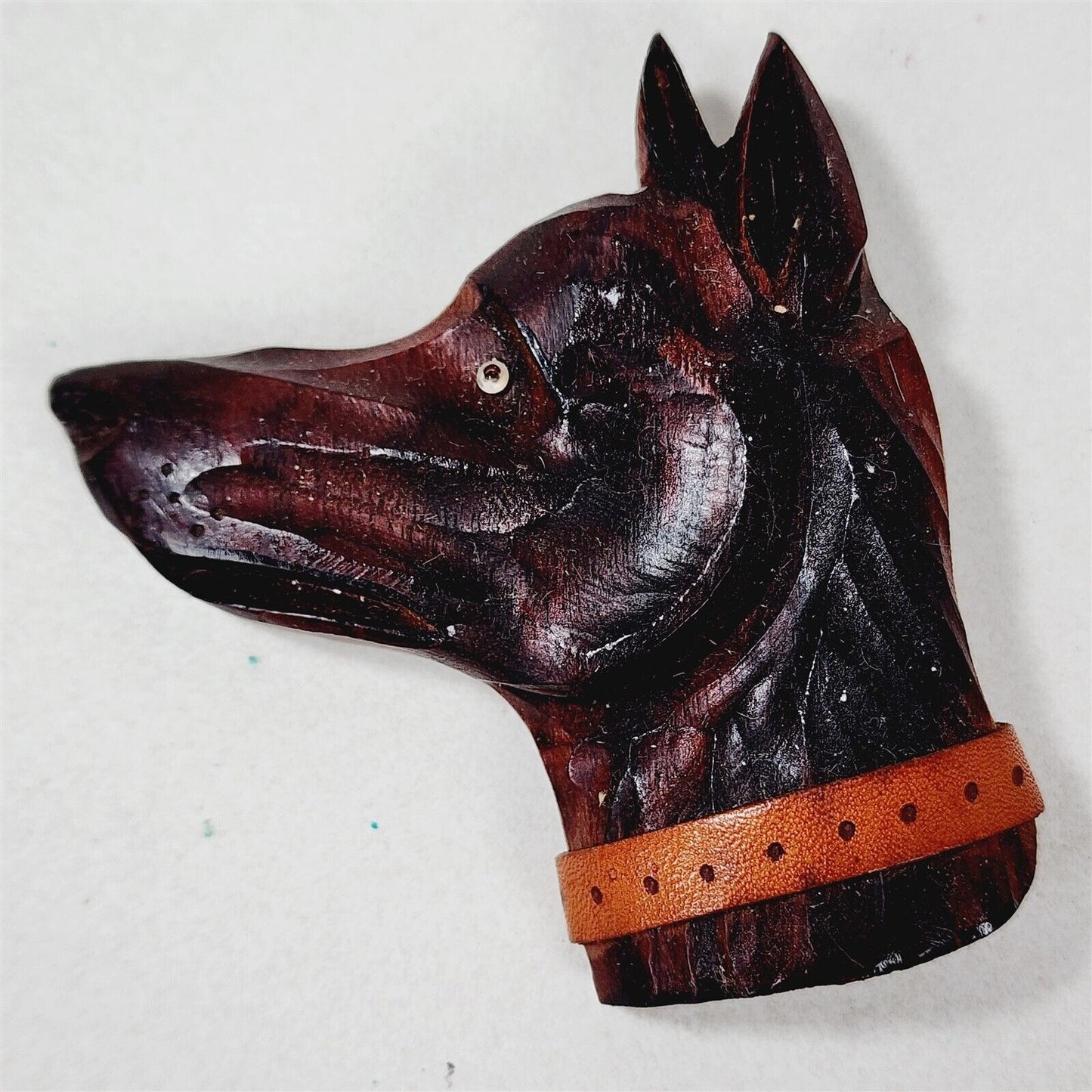 Vintage Carved Wood Dog Head Brooch Leather Collar - 3"