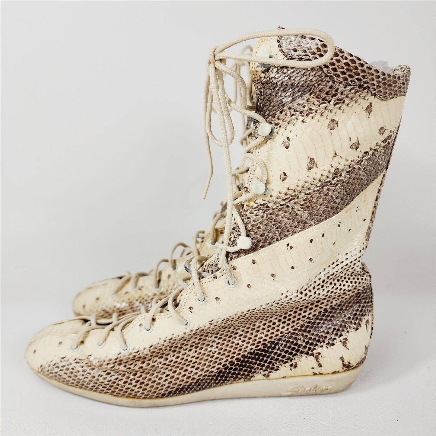 Vintage 1980s Snakers Snakeskin Lace Up Boots Cream & Brown Size 7.5