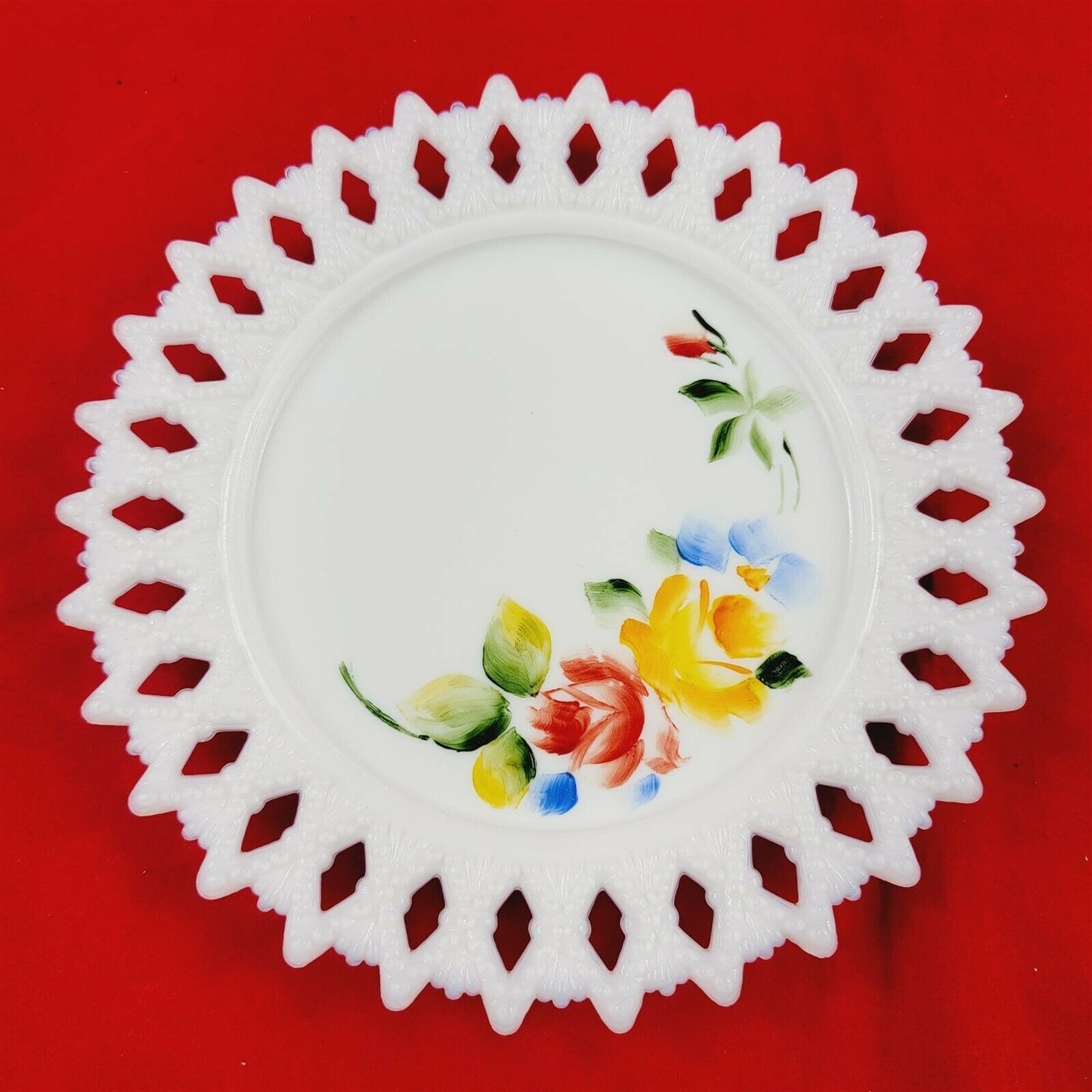 4 Vintage Milk Glass Plates Floral Painted Pierced Lace Scroll