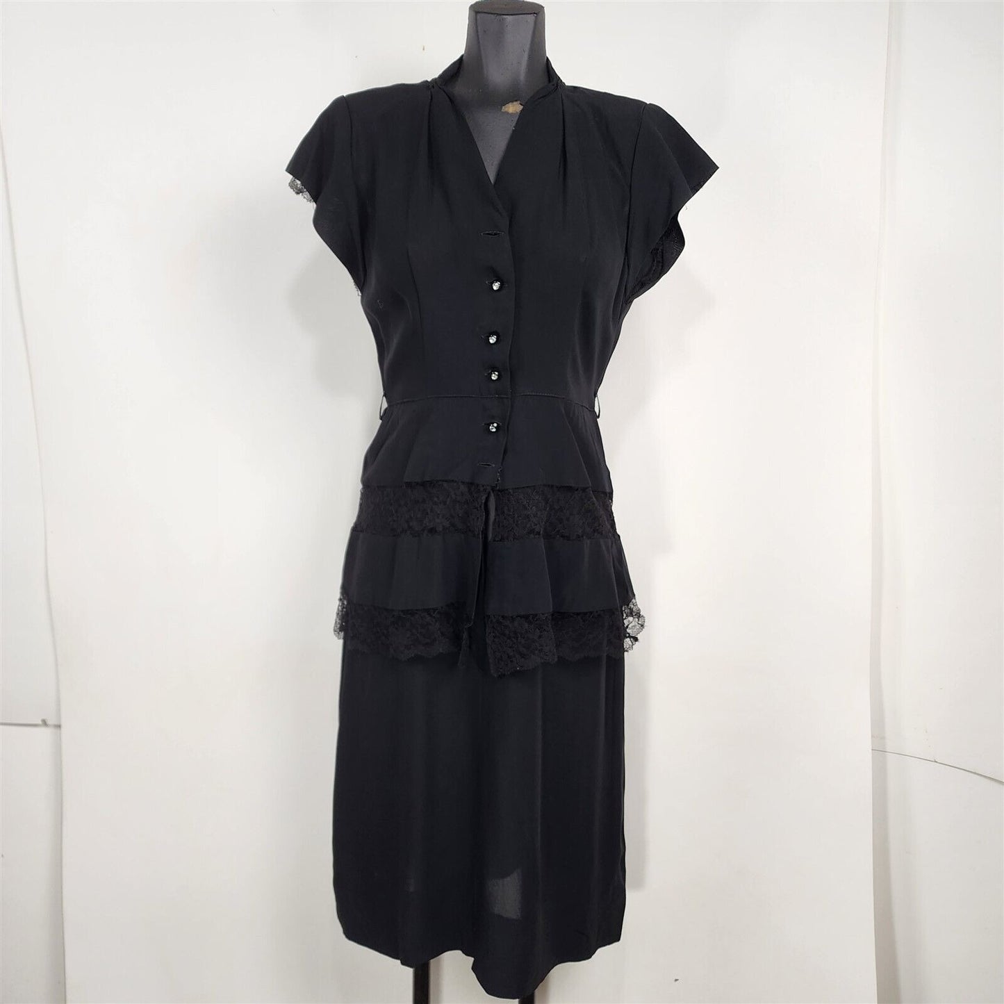 Vintage 1940s Black Crepe Lace Trim Short Sleeve Button Front Dress