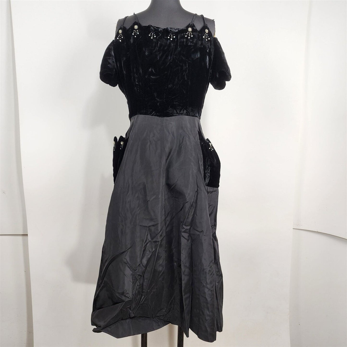 Vintage Black Velvet & Rhinestone Off the Shoulder Evening Party Dress