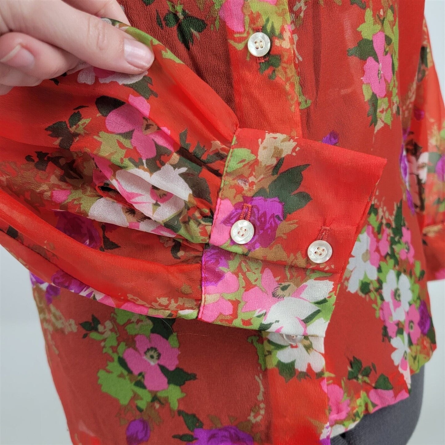 Vintage 1970s Montgomery Ward Nylon Red Sheer Floral Print Blouse Womens 36