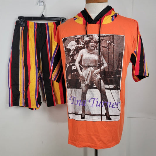 Vintage Tina Turner Orange Shirt w/ Striped Hood & Shorts Mens L/XL