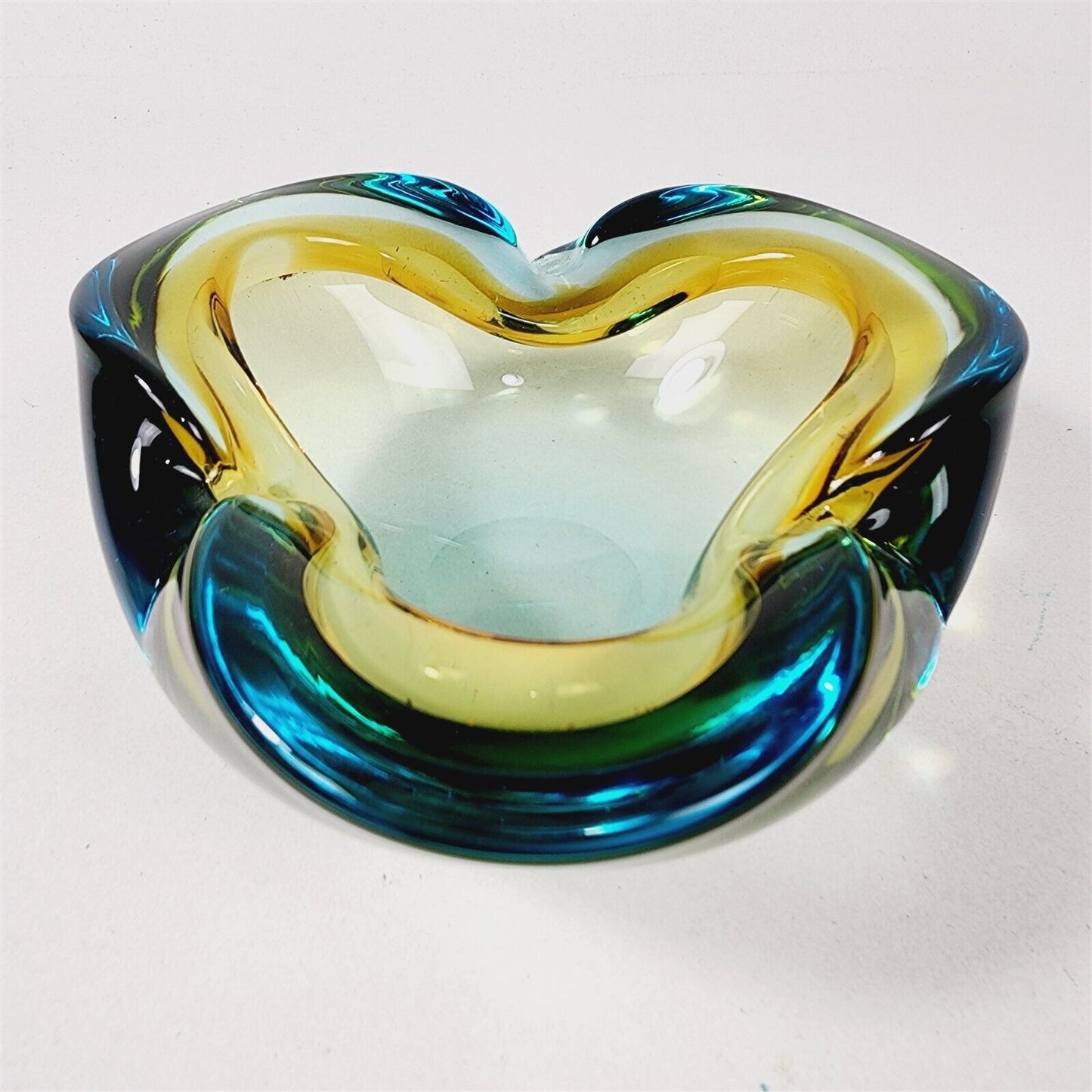 Vintage MCM Art Glass Dish Ashtray Bowl Green Blue Rim