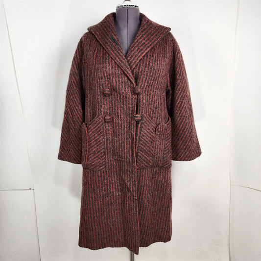 Vintage 1960s Red & Gray Striped Wool Coat Double Breasted Size Womens L