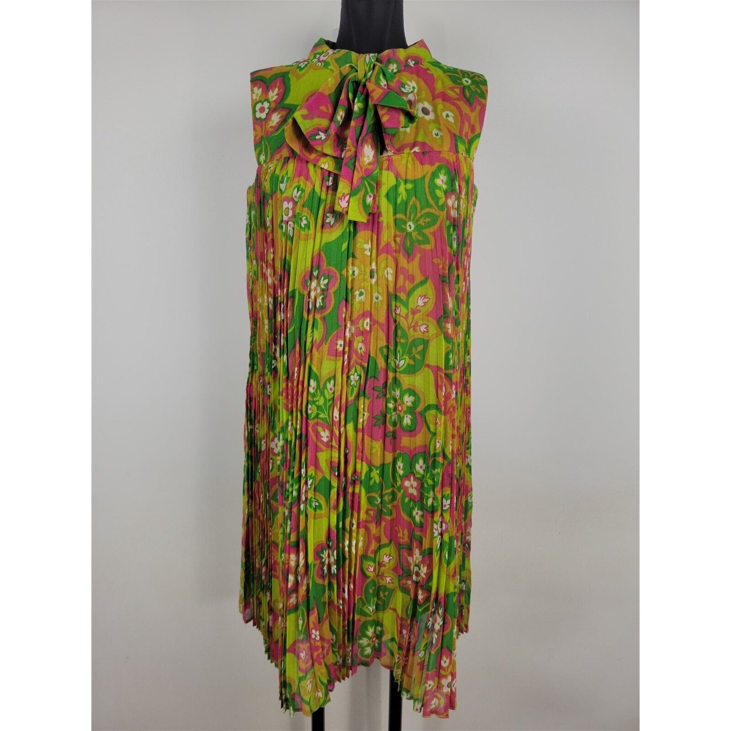 Vintage 1970s Junior Accent Frank Adams Sleeveless Floral Pleated Dress Womens S