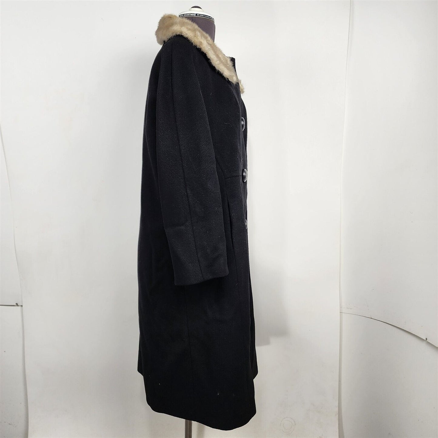 Vintage Black Wool Long Union Made Coat with Real Fur Collar Trim