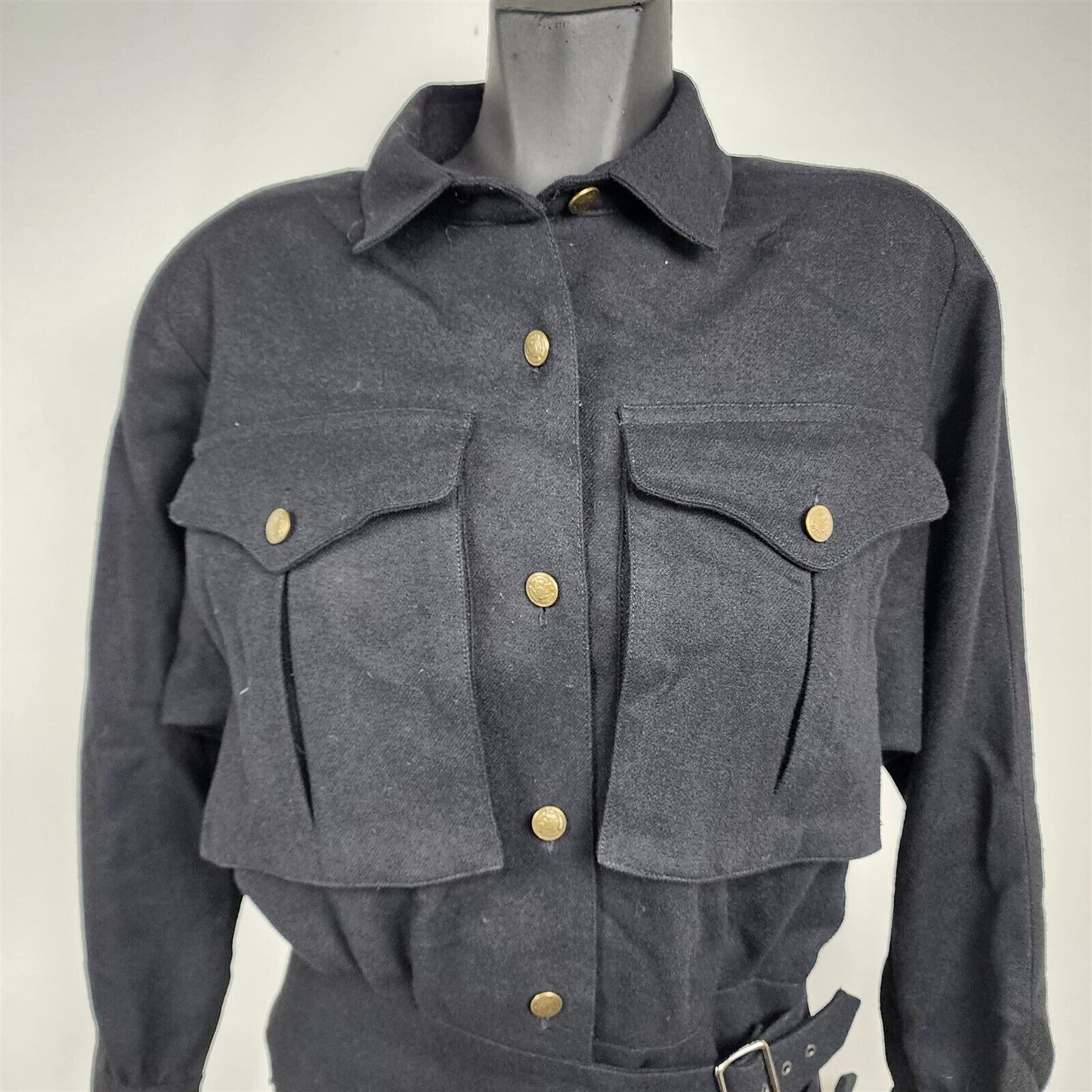 Vintage Shiung Zu Black Wool Shacket Shirt Jacket Waist Belt Accent