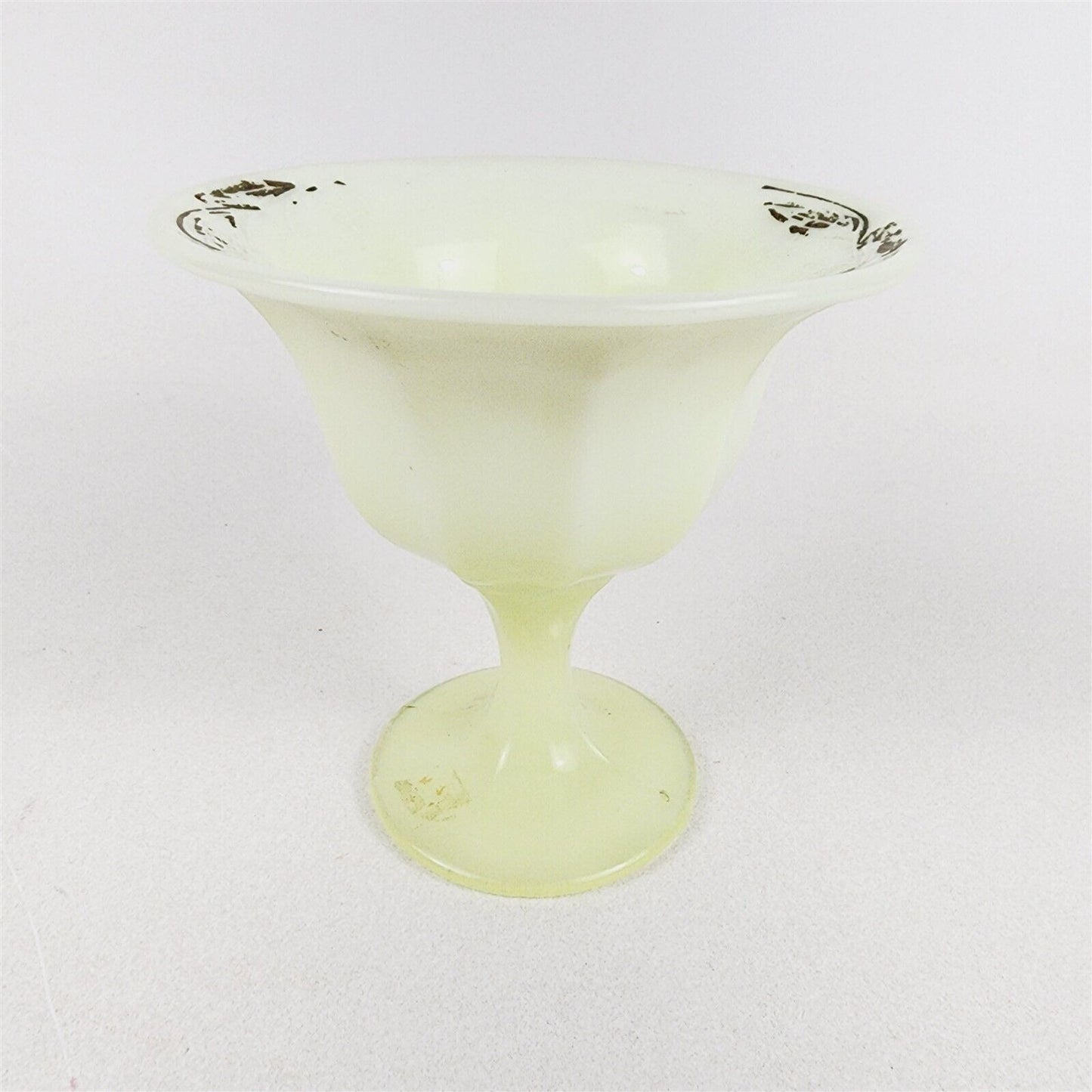 Fenton Vaseline Glass Custard Strawberry Compote Dish Gold Paint - 5" tall