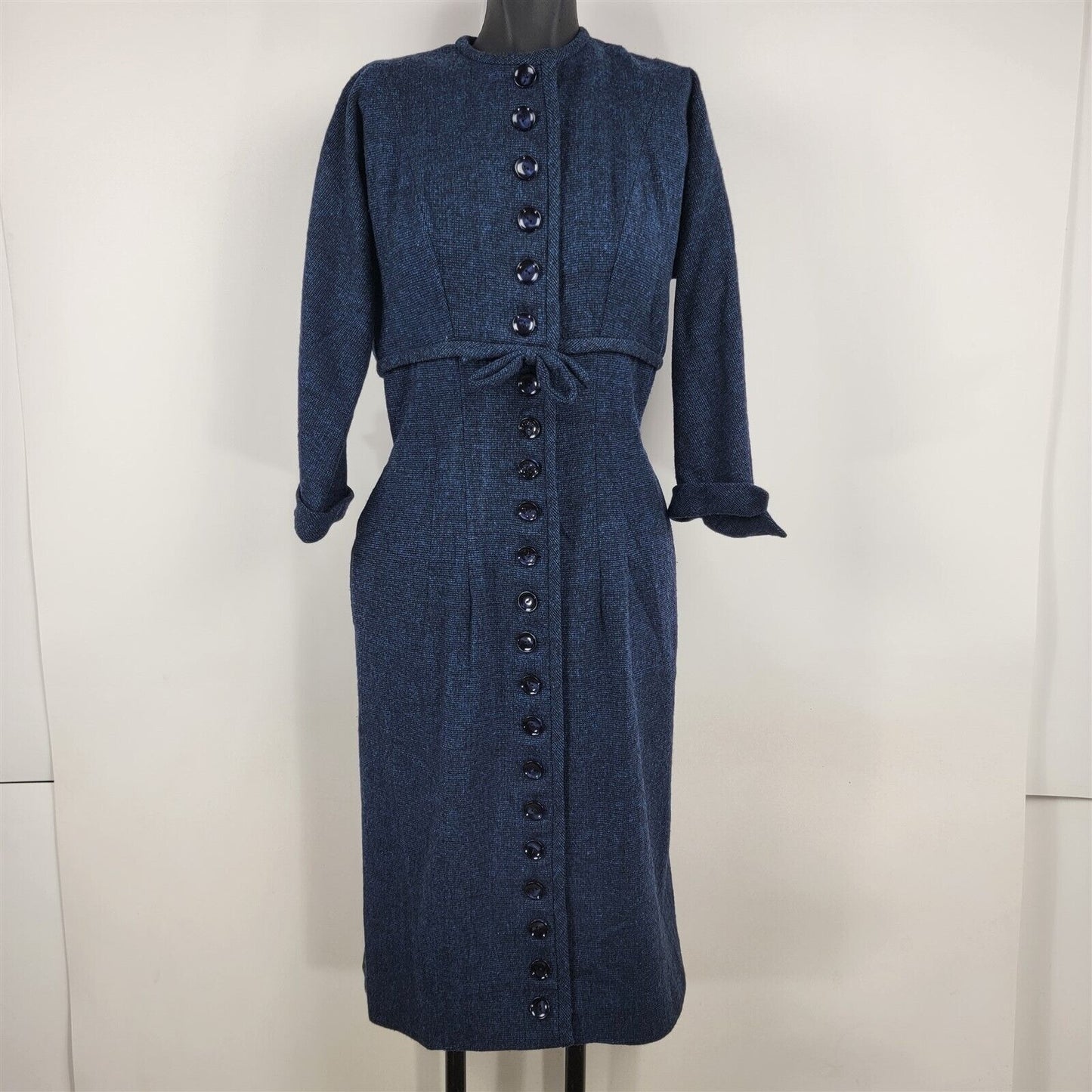 Vintage 1950s R&K Originals Navy Blue Wool Button Front Dress Womens M