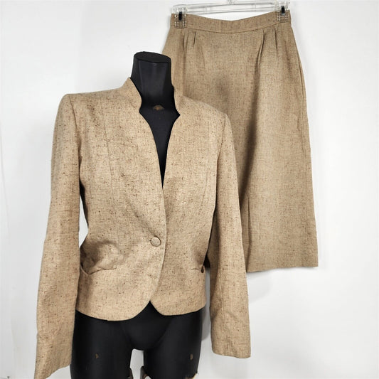 Vintage 1970s Phillip Courtney Tan Beige Tweed 2 Piece Skirt Suit Set