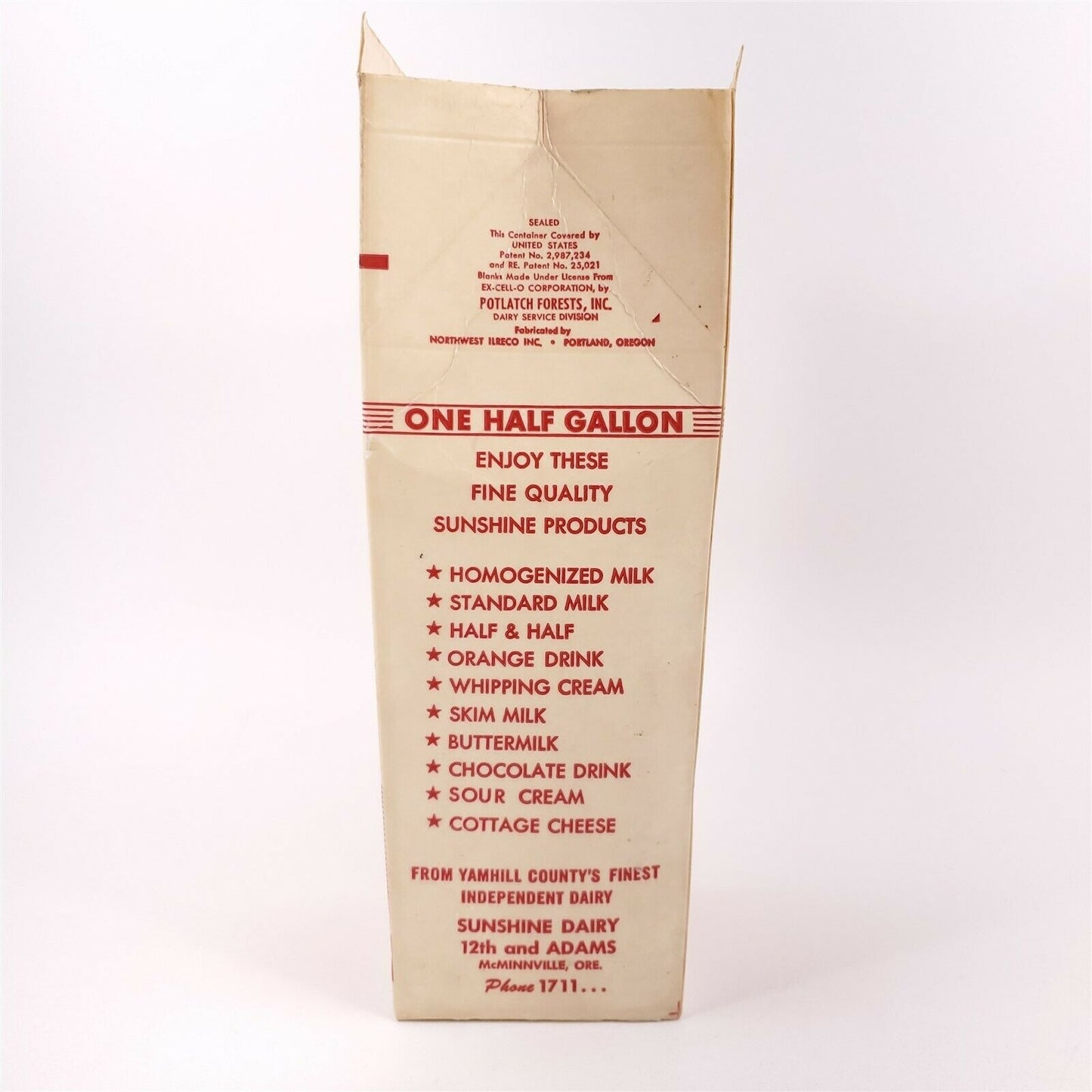 Waxed Milk Carton Un-Used Sunshine Dairy Sunshine McMinnville, OR - #2