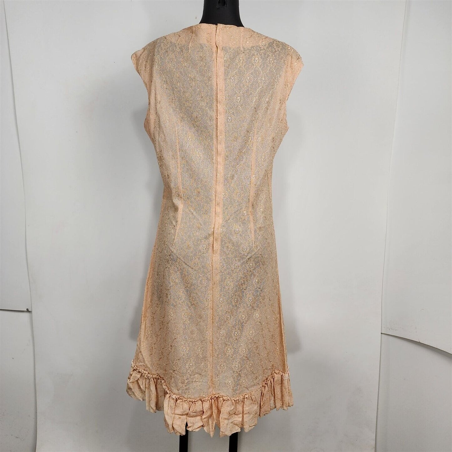 Vintage 1960s Pink Peach Lace Sheer Sleeveless Ruffle Trim Shift Dress