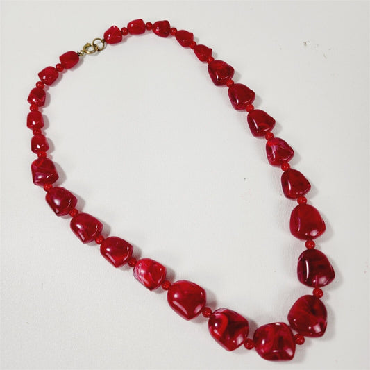 Vintage 1960s Red Swirl Molded Plastic Bead Necklace - 24"