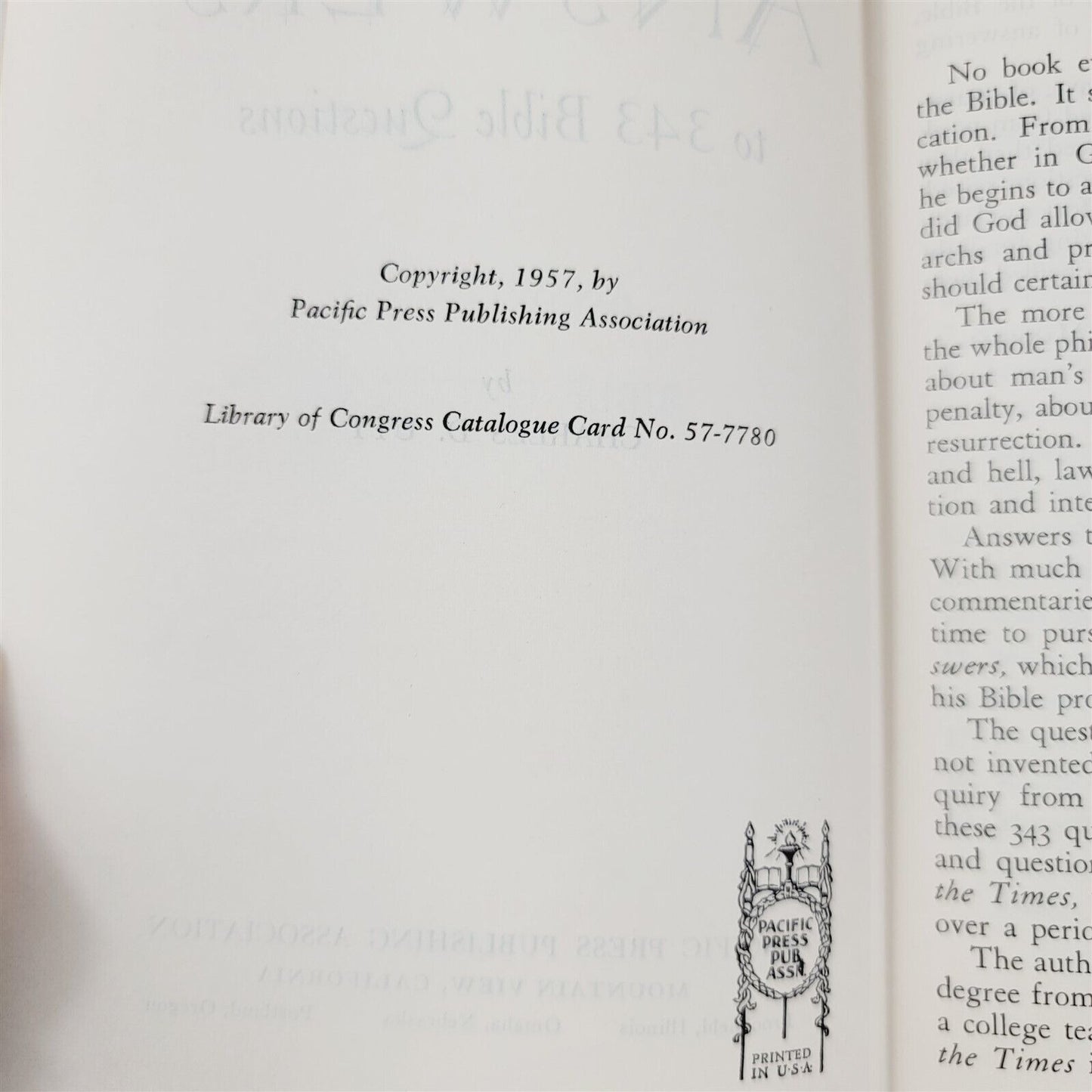 Answers by Charles D. Utt Pacific Press 1957 Hardcover w/ Dust Jacket